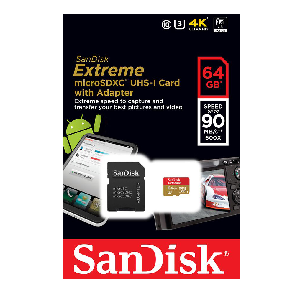 SanDisk Extreme MicroSD 64GB 90MB/600X UHS-I U3 (Class 10) with Adapter 